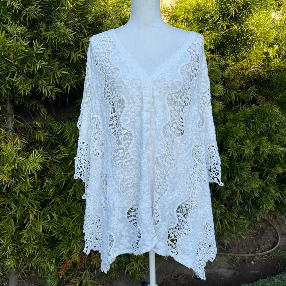 PilyQ Barcelona White‎ Lace Kaftan Tunic Cover Up Boho Festival Size XS S